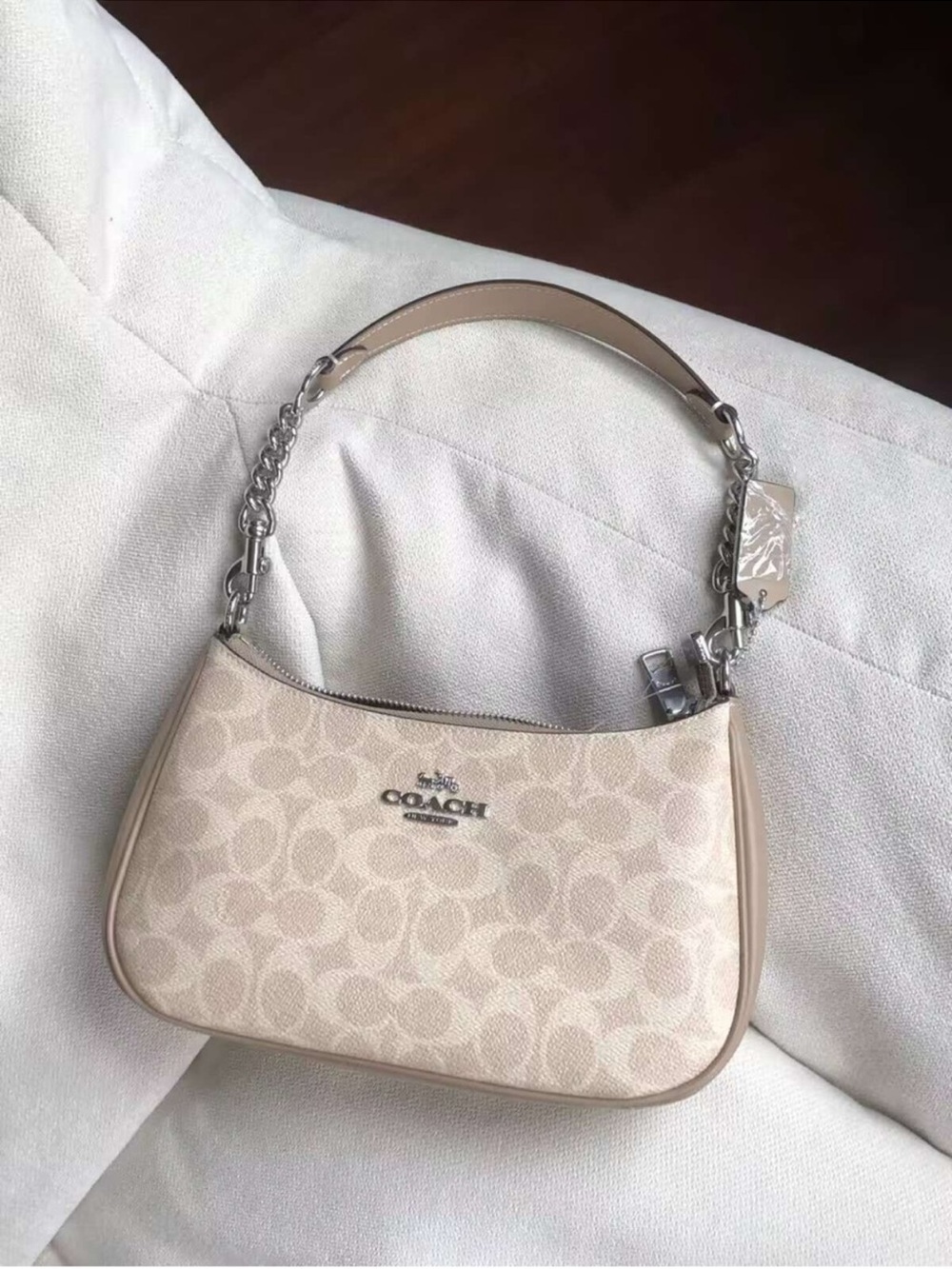 Coach Beige Signature Canvas Shoulder Bag with Silver Hardware